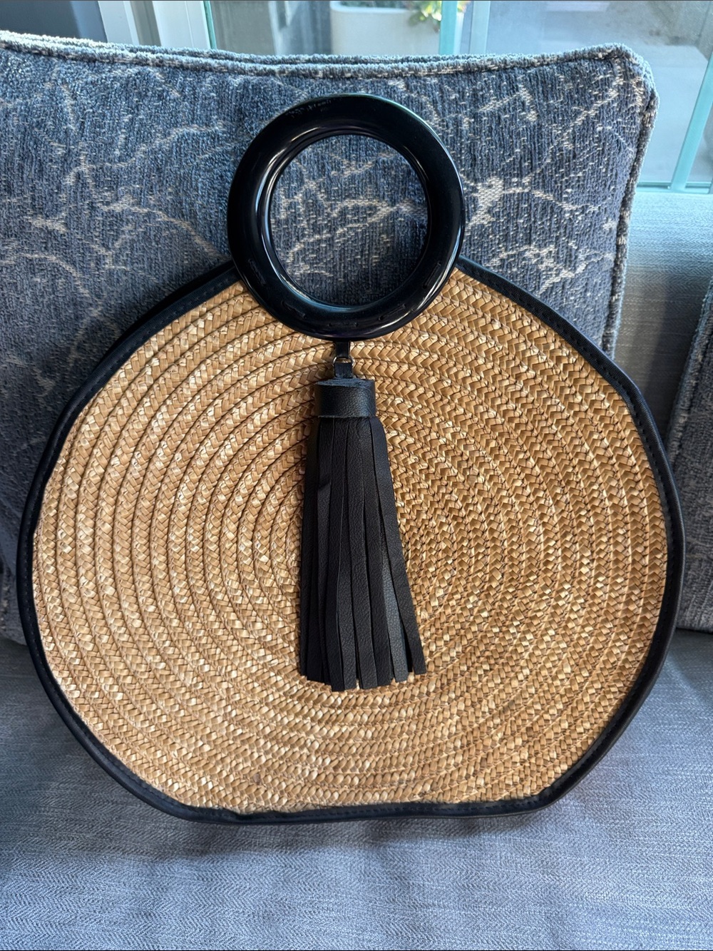 Round Straw Tote Bag with Black Trim and Tassel
